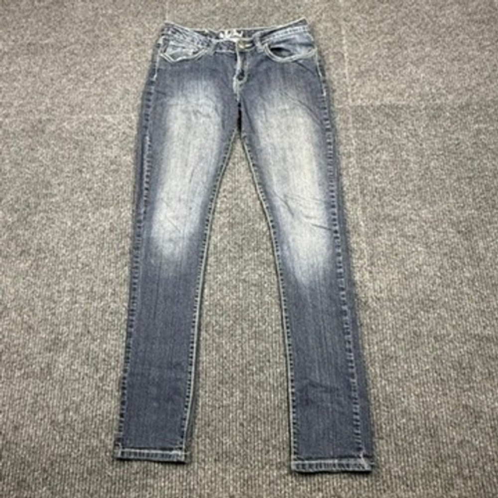 Red Rivet Womens Skinny Jeans Dark Wash Rhinestone Fleur De Lis Size 9